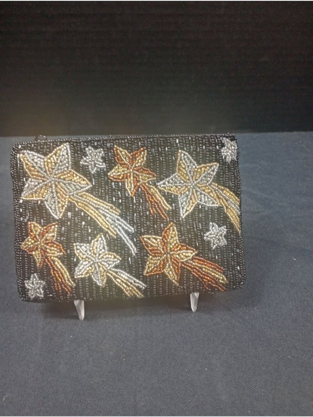 Vintage 1970s Era Neiman Marcus Beaded Shooting Star Black Zipper Small Clutch